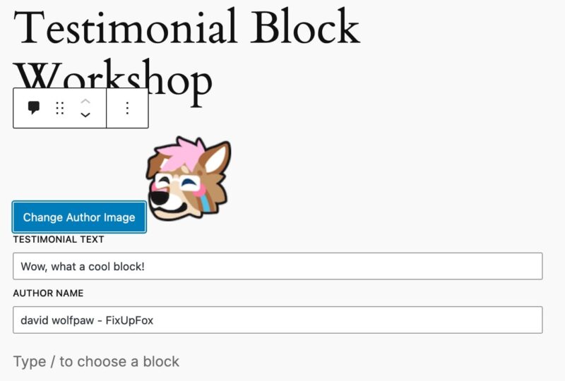 a screenshot of the testimonial block backend, showing the image upload